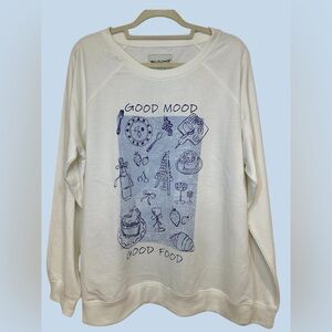 NWT Wallflower Cream Good Mood Good Food Graphic Sweatshirt with Blue Text